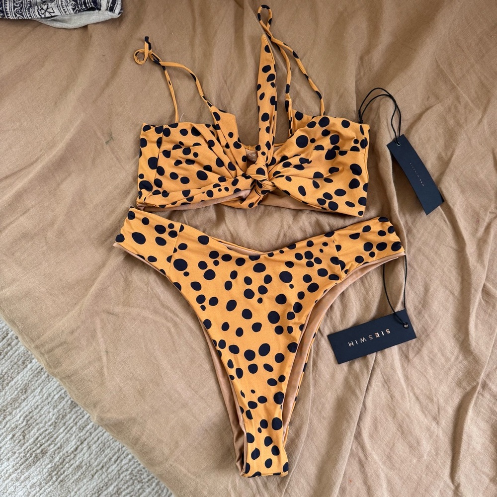 Orange and Black Cheetah Print Bikini with High-Waisted Bottoms